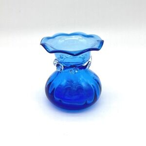 Small Cobalt Blue Blown Glass Vase Fluted Ruffled Rim Decorative Accent